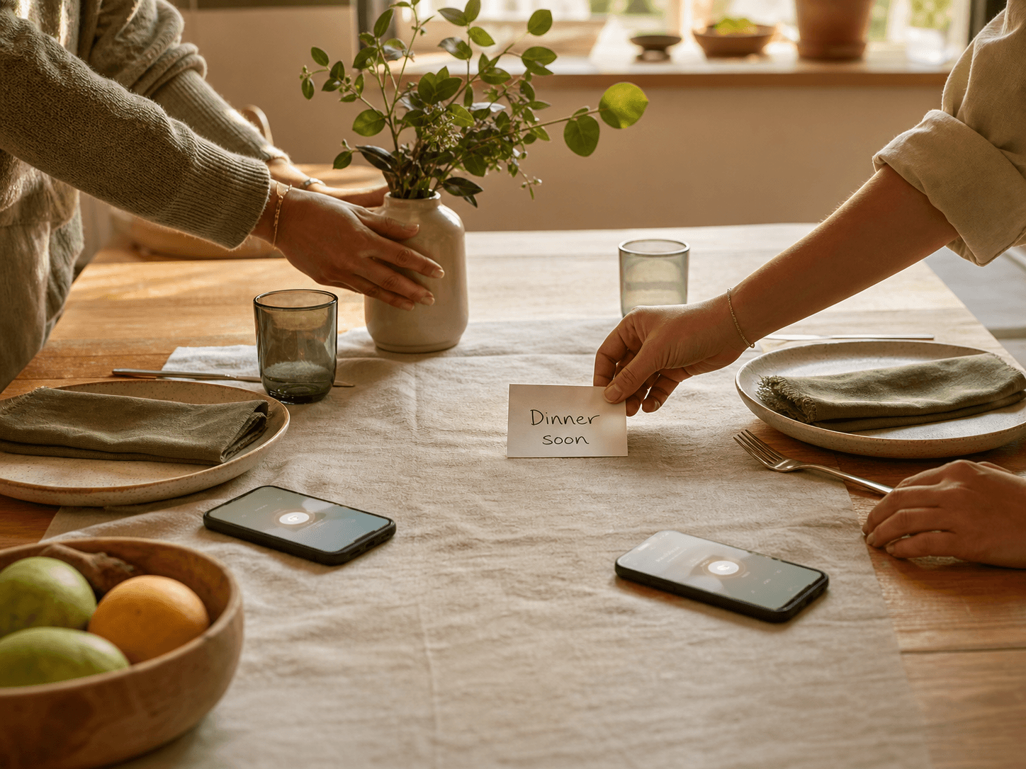 Two people setting a dinner table for a shared recurring care moment
